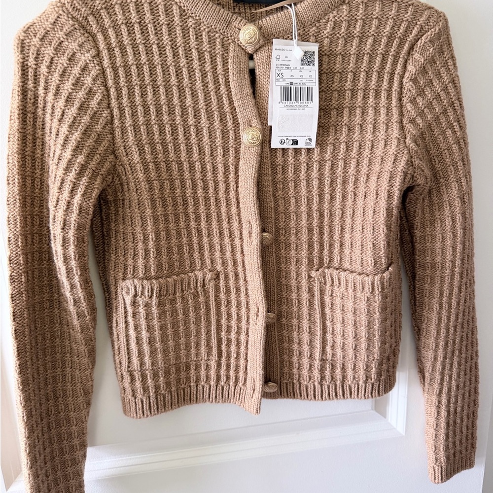 MANGO Waffle Knit Cardigan Sweater with gold button detail